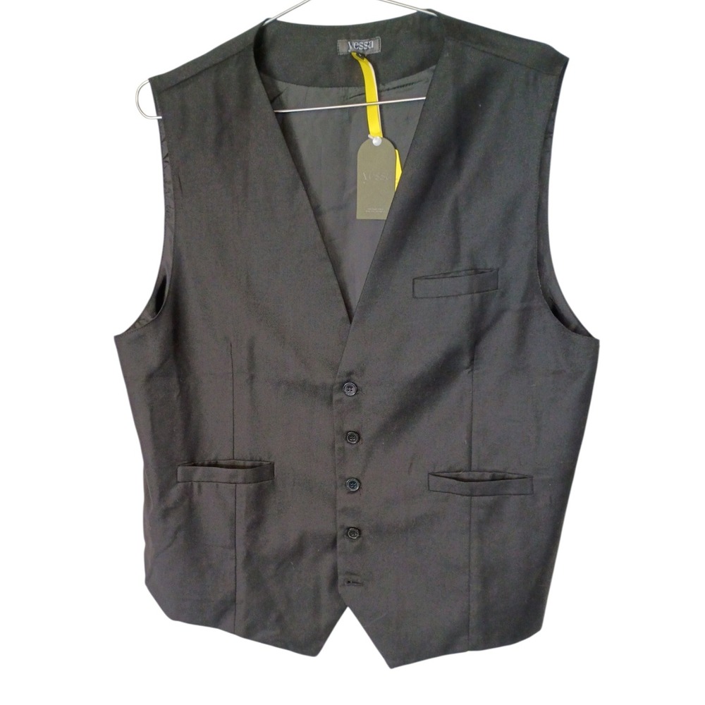 Yessa Mens Black Tailored Suit Vest Waistcoat Adjustable Back Cinch Size L NEW
